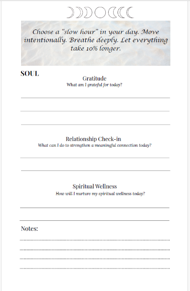 Sheet with self-reflection prompts on a white background