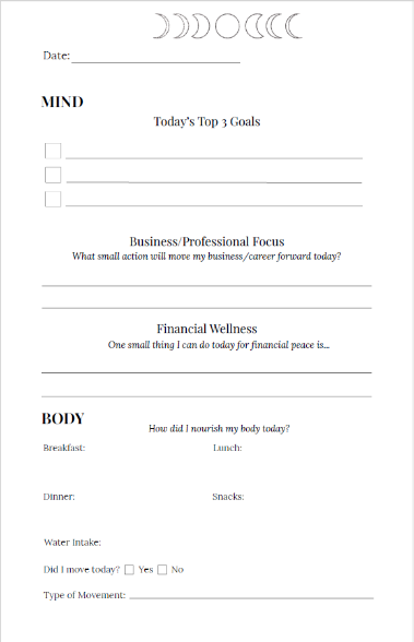 Personal development planner with sections for goals, focus, and wellness on a white background.